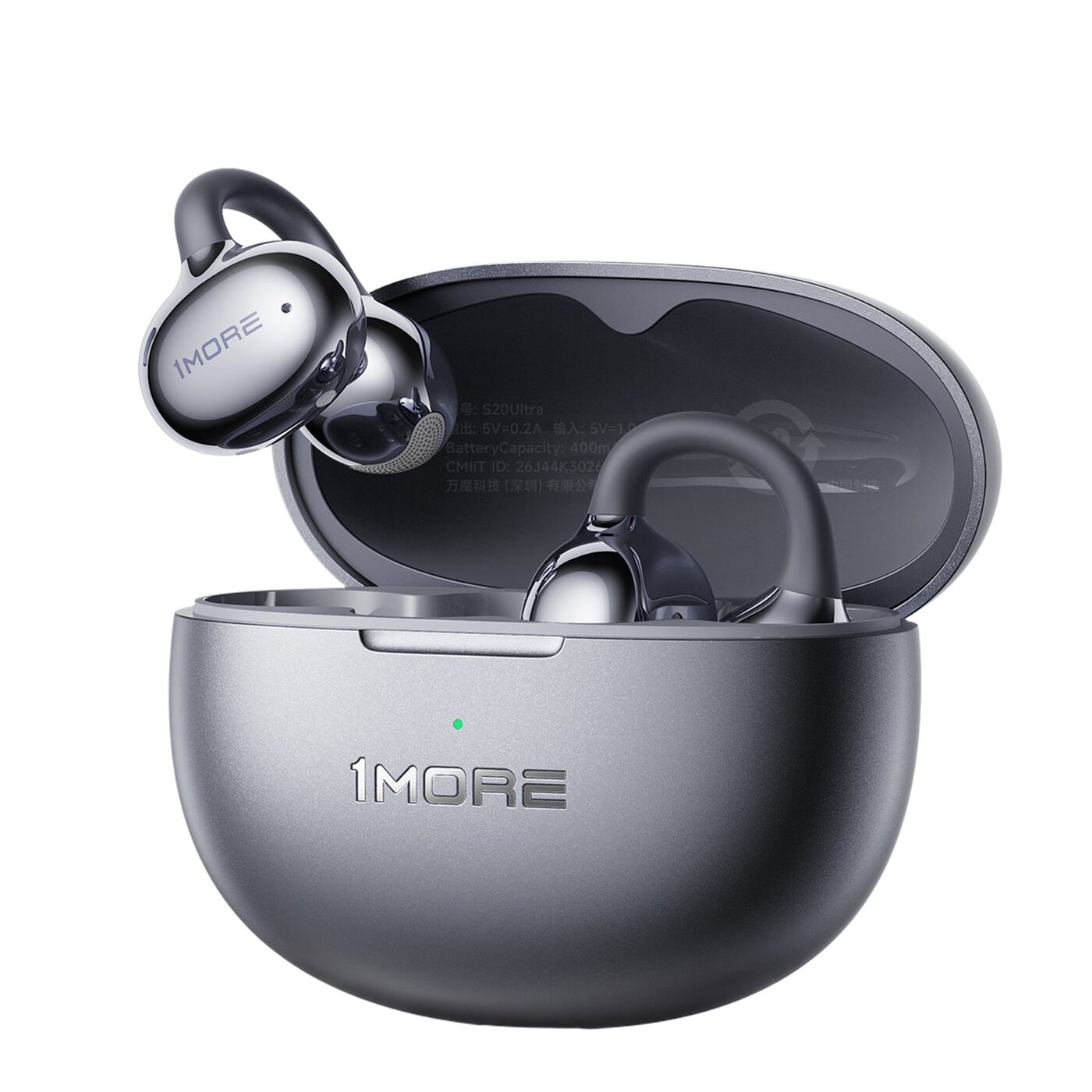 Silver 1MORE S20 Ultra clip-on earbuds in an open black charging case