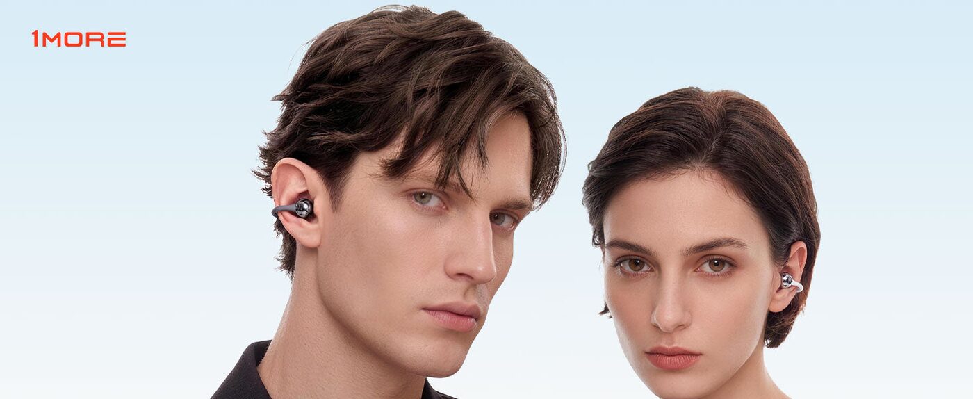 1MORE S20 Ultra banner showing a silver clip-on earbud and charging case on orange