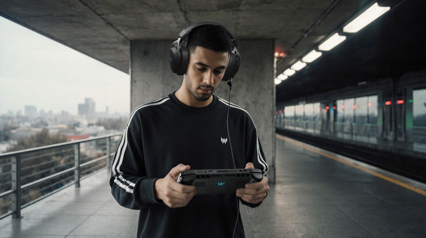 A commuter on a train platform wearing a Predator headset and holding the Atlas 7