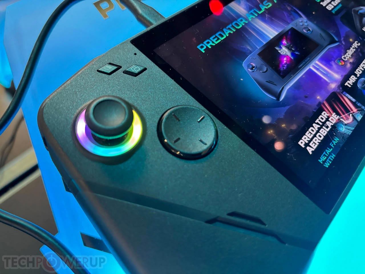 Side view of a Predator Atlas 7 at IFA, showing the right-hand stick, shoulder buttons, and USB-C port