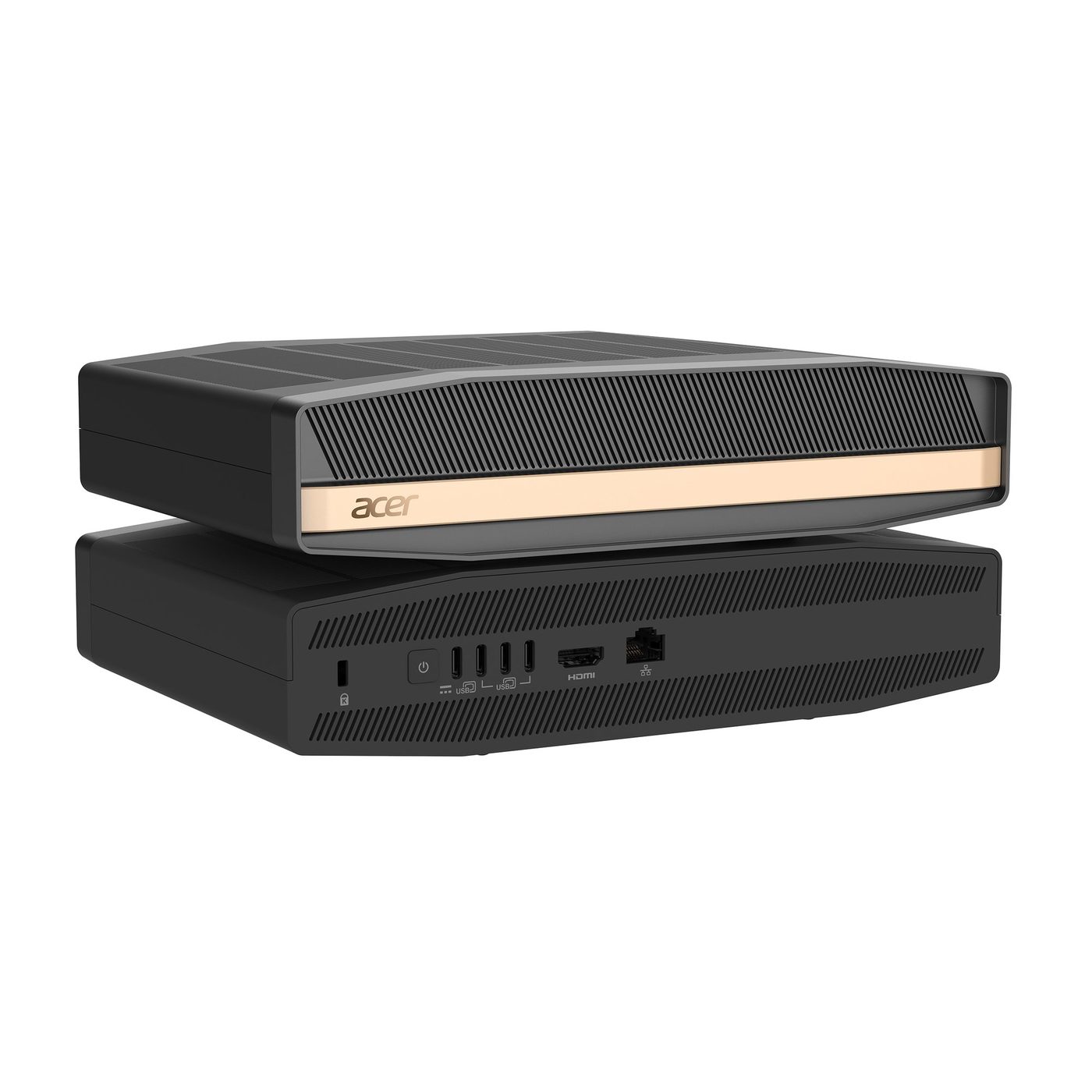 Acer compact desktop chassis shown front and rear