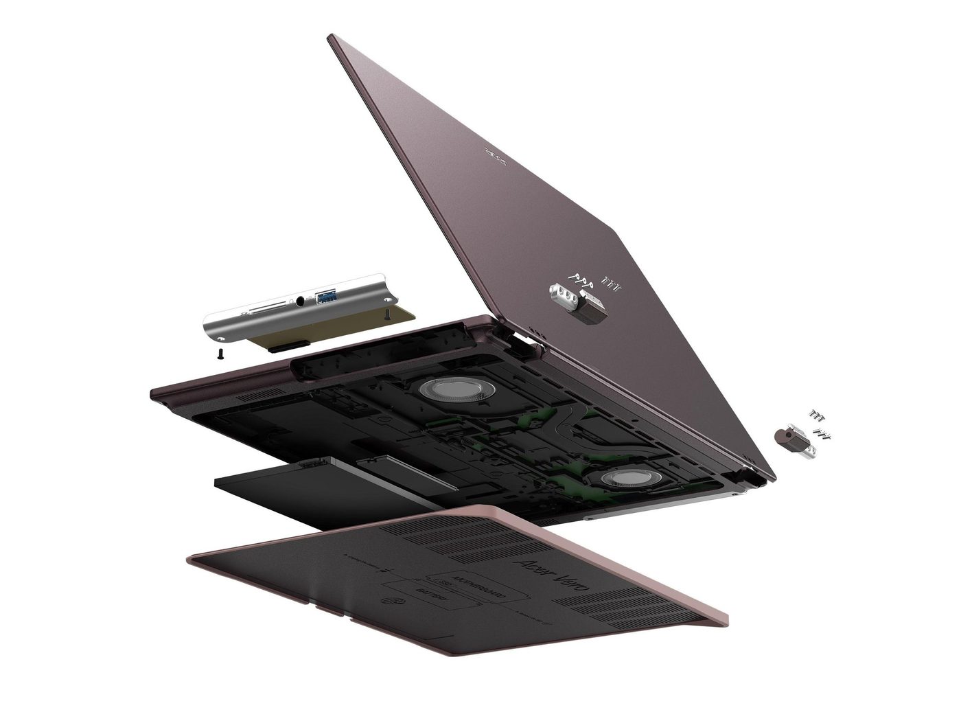 Exploded view of the Acer Vero 16 showing a tool-free bottom cover and I/O module