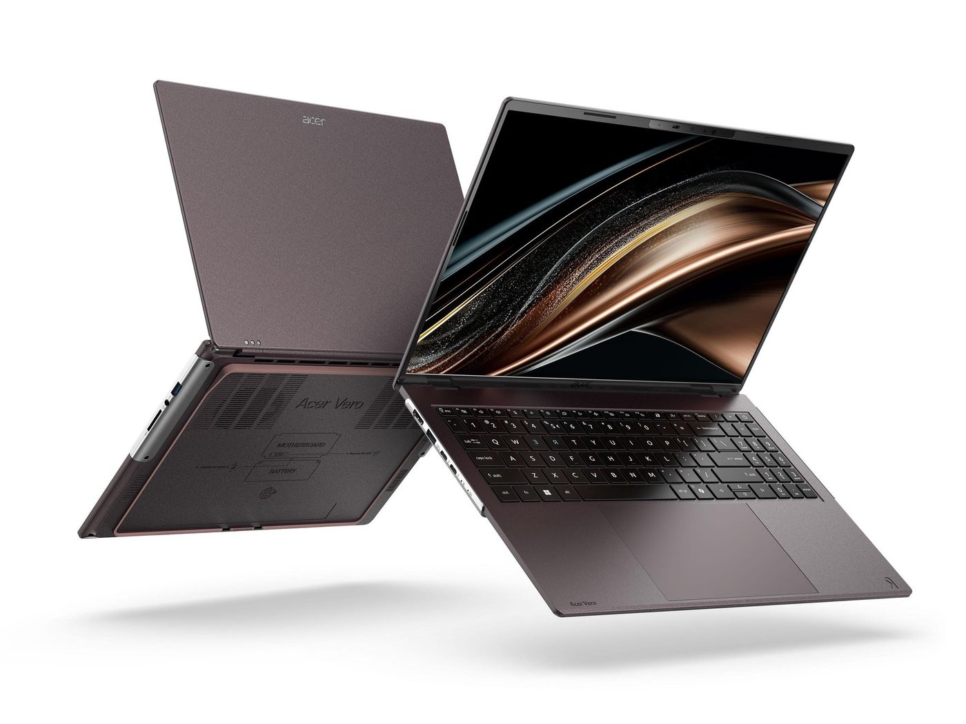 Acer Vero 16 laptop open and closed, showing repair markings on the underside