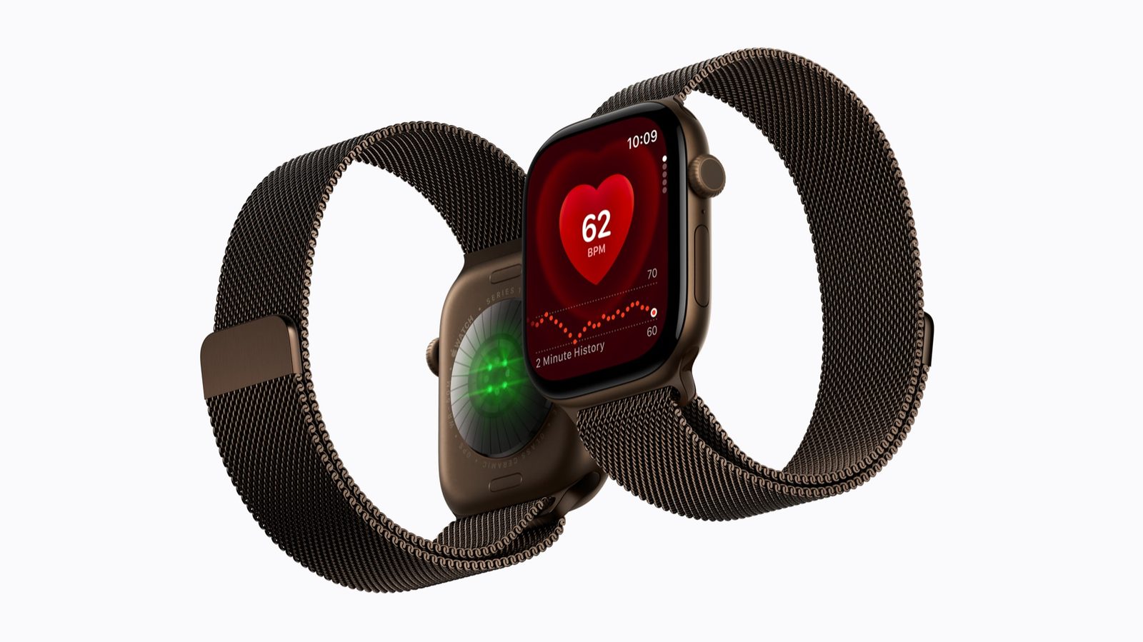 Apple Watch Series 12 in dark bronze with a Milanese loop, heart rate face showing 62 BPM