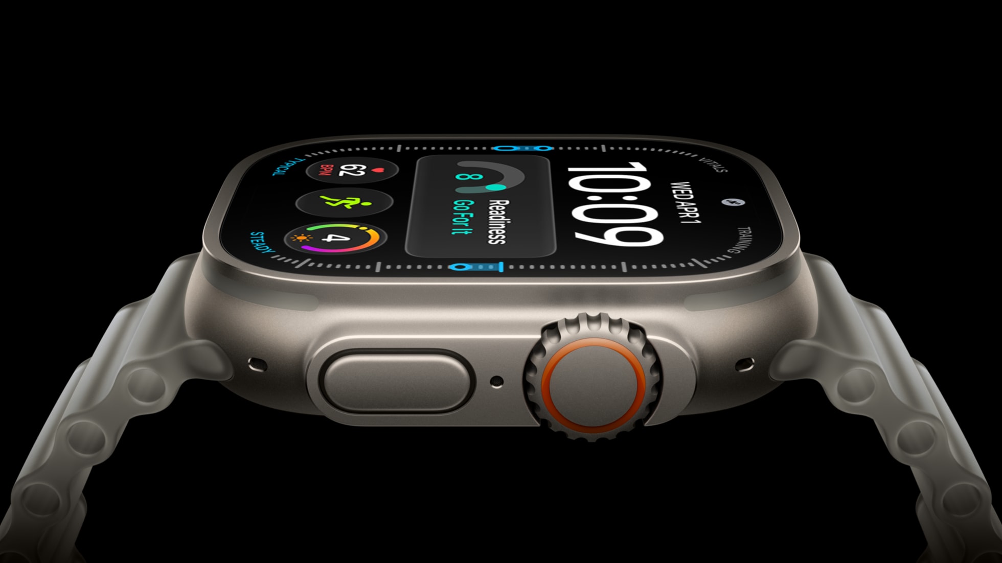 Side view of Apple Watch Ultra 4 showing the Digital Crown and Action button