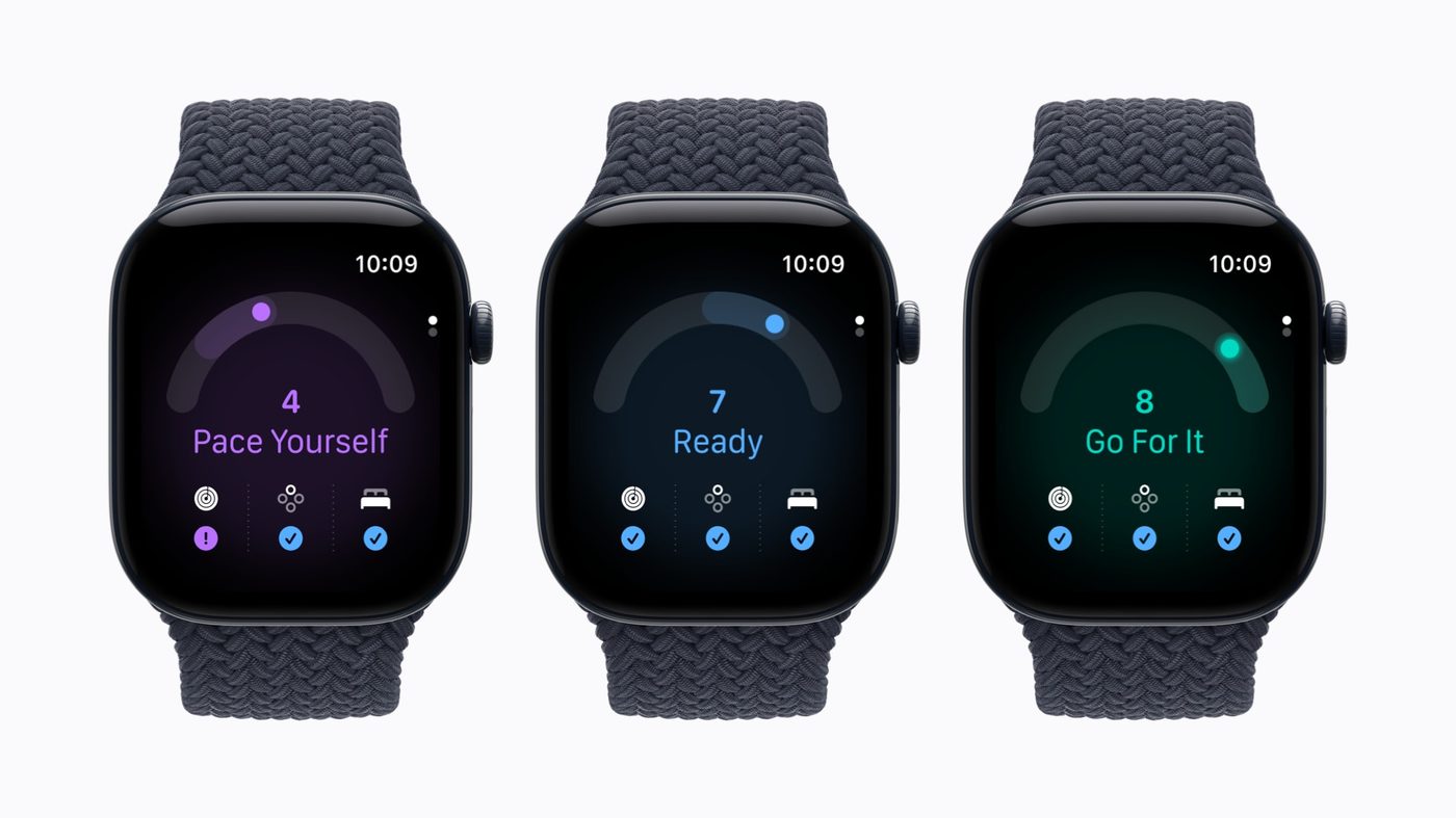 Three Apple Watch Series 12 faces showing Pace Yourself, Ready, and Go For It readiness scores