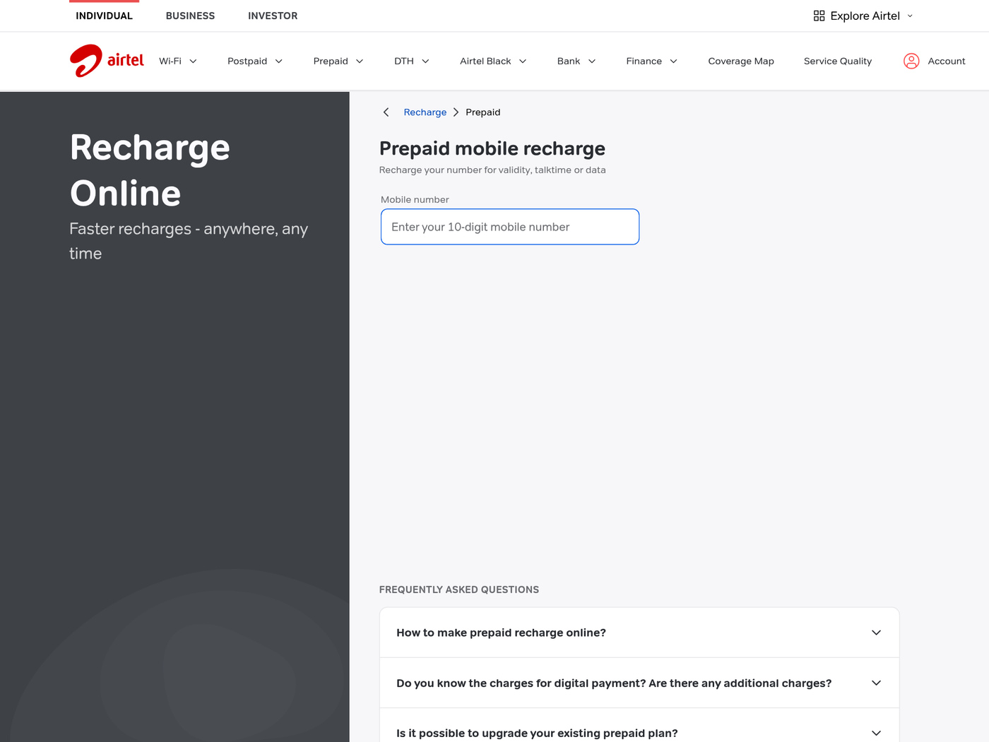 Airtel prepaid recharge flow showing the new voice-only packs
