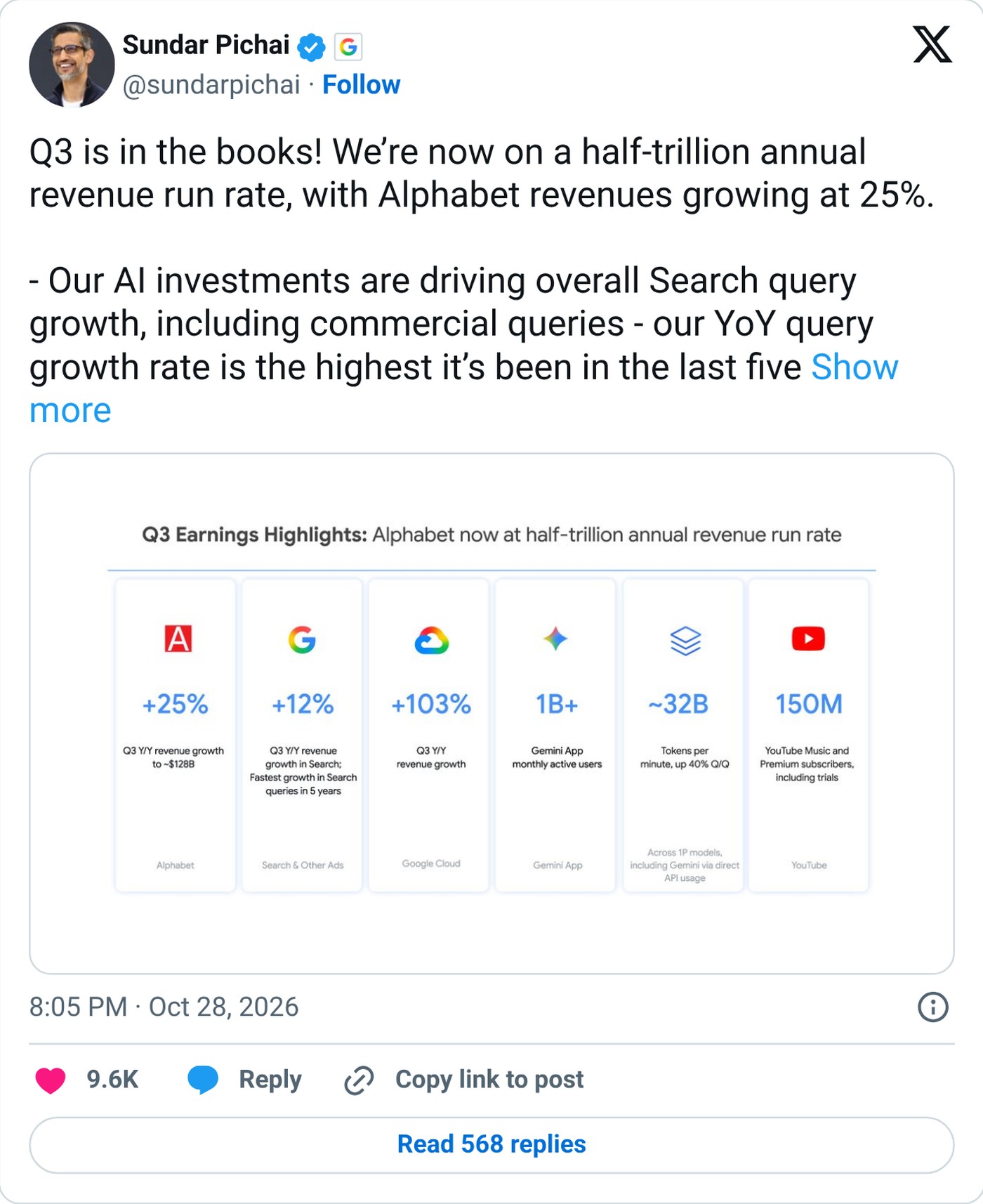 Screenshot: @sundarpichai on X, Oct. 28, 2026