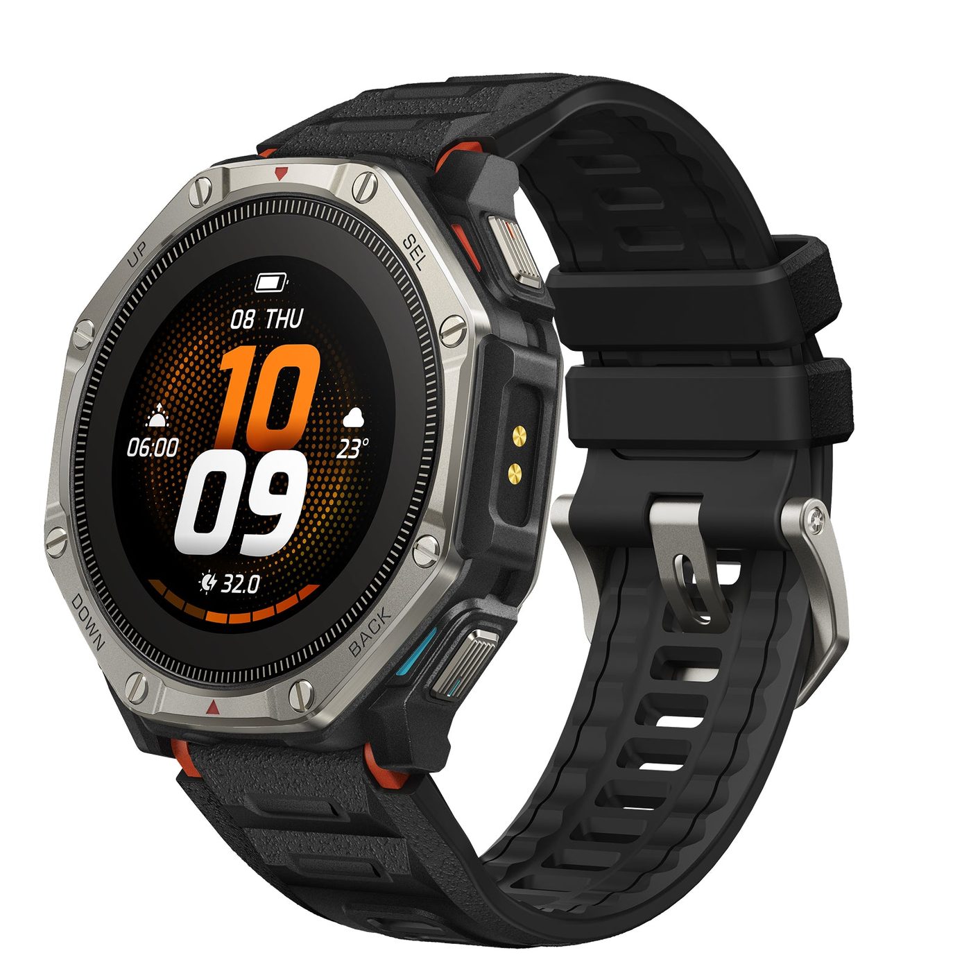 Amazfit T-Rex Dual Solar watch with a titanium bezel and black strap