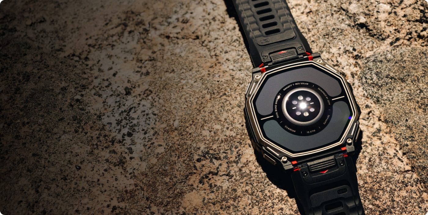 Back of the Amazfit T-Rex Dual Solar, with the rear solar panel, titanium bezel, and 10 ATM marking