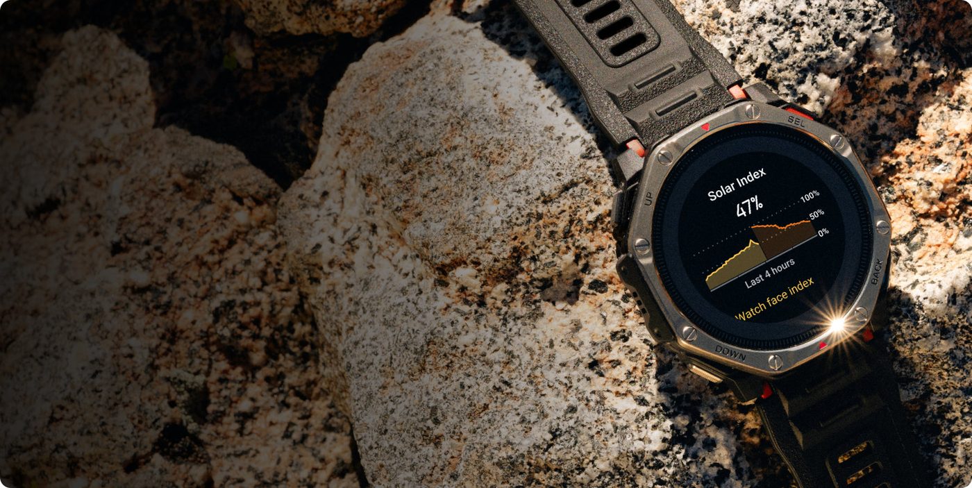 Amazfit T-Rex Dual Solar on rock showing a Solar Index of 47 percent