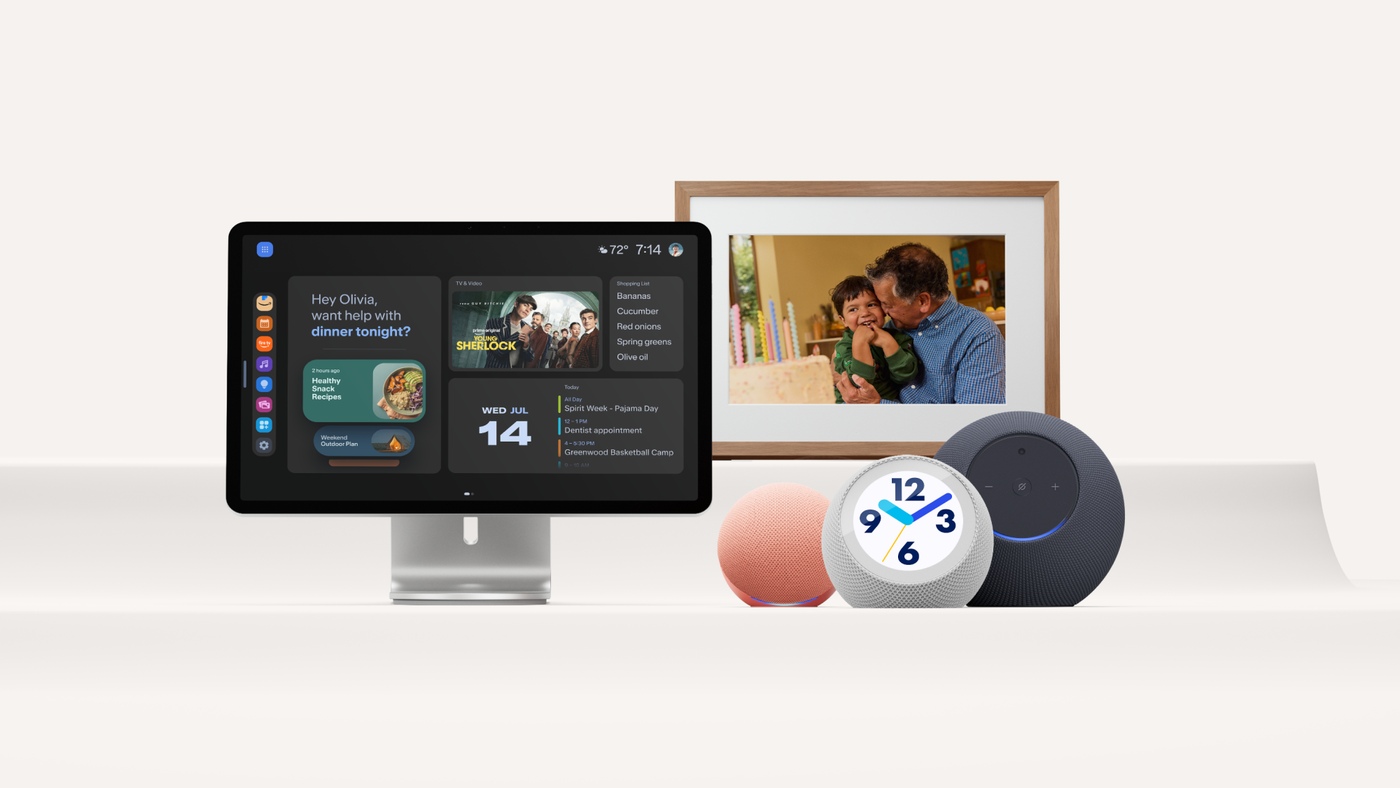 Amazon's new lineup: Echo Show 16, Alexa Photo Frame, Echo Time, Echo Studio with Home Camera and Echo Dot.