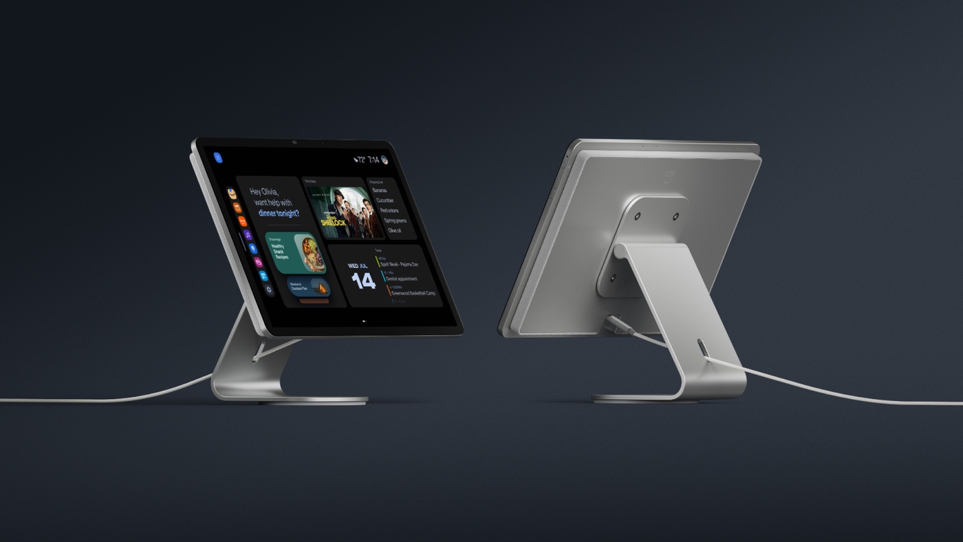 The Echo Show 16 on its stand, from the front and back.