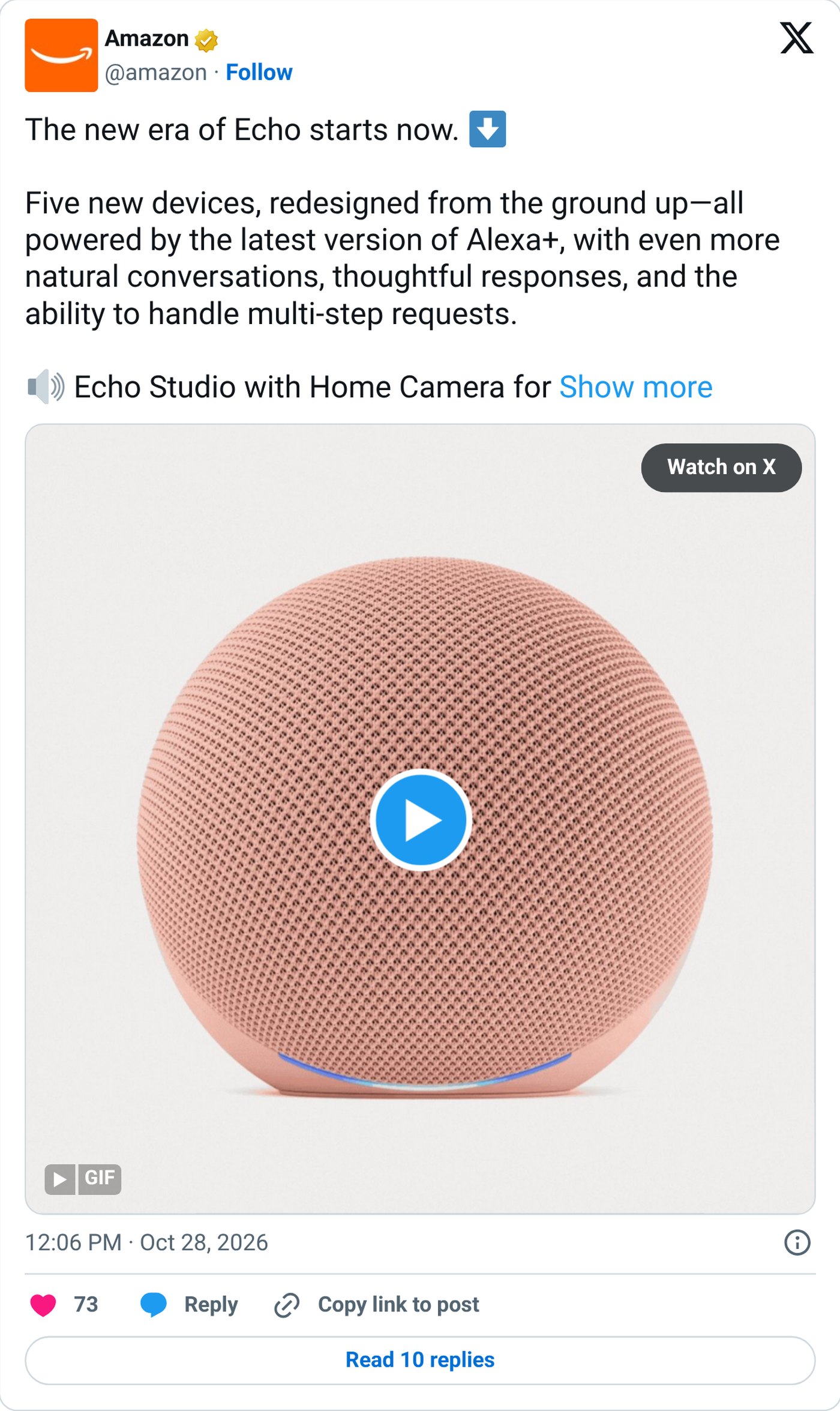 Screenshot: @amazon on X, Oct. 28, 2026