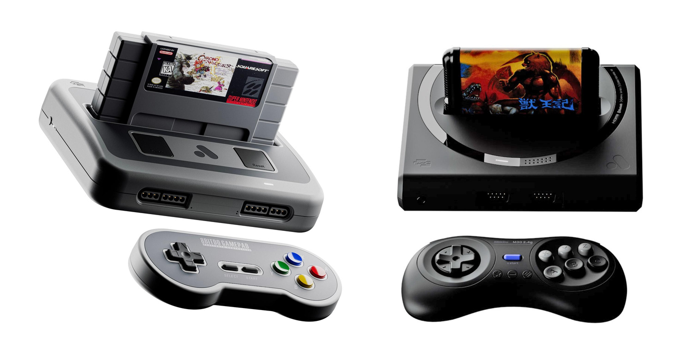 Super Nt+ and Mega Sg+ shown with wireless controllers