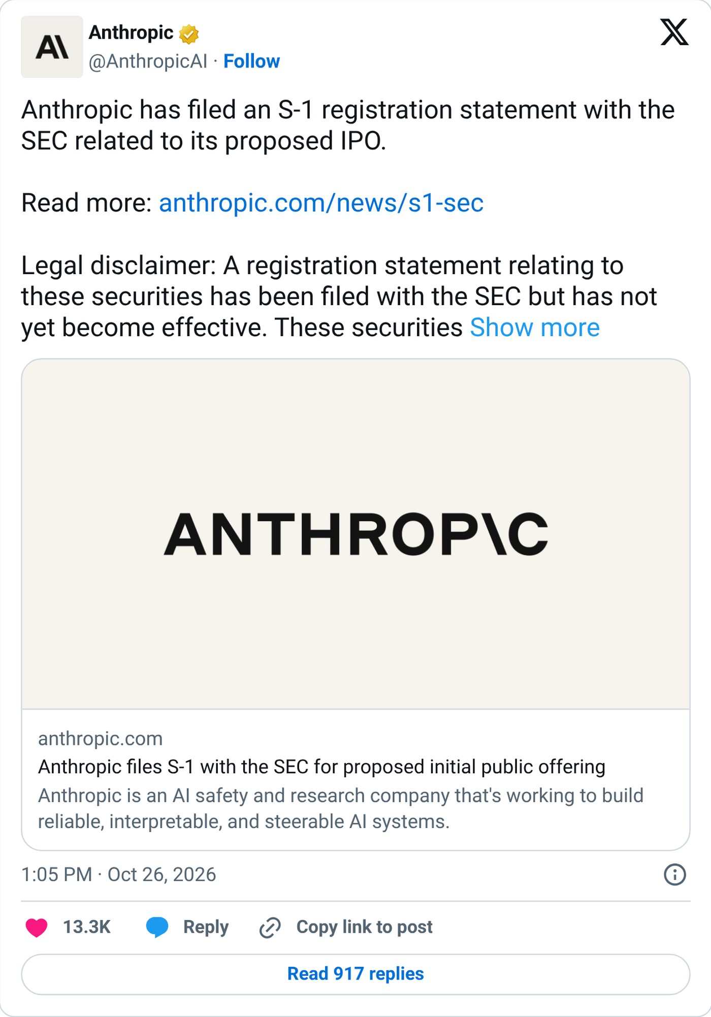 Anthropic announced the filing on X on Monday.