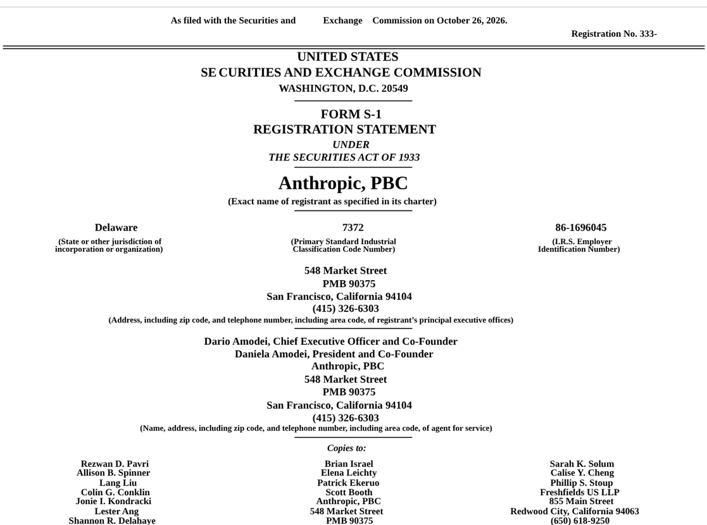 The cover page of Anthropic’s Form S-1, filed with the Securities and Exchange Commission on Oct. 26.