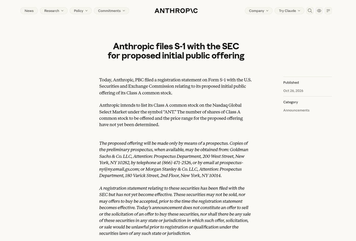 Anthropic’s announcement of the filing.