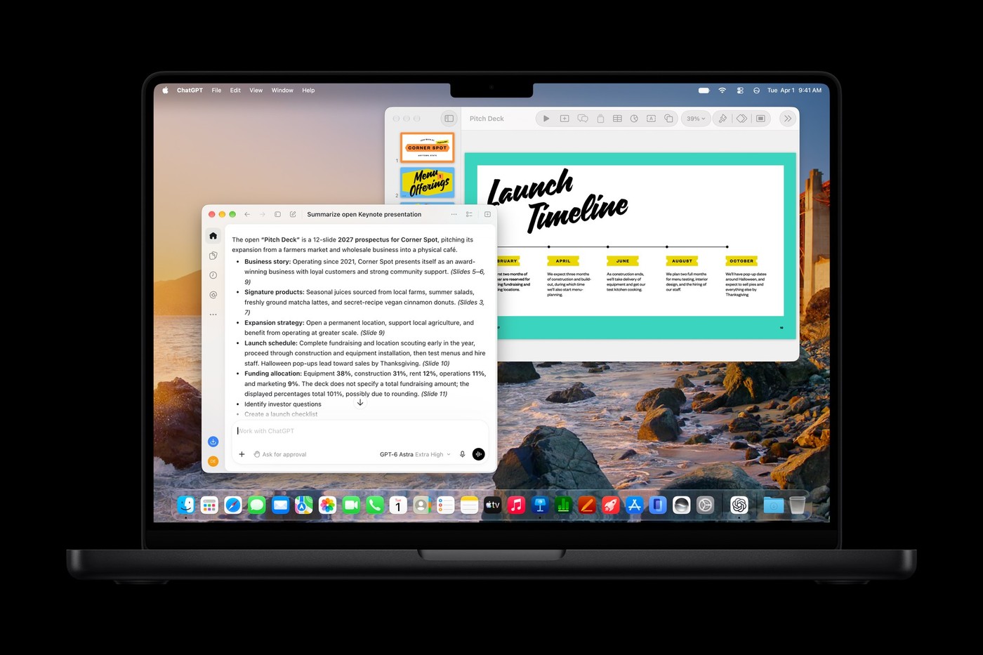 The new intelligent assistant summarizing a pitch deck in Keynote on MacBook Pro.