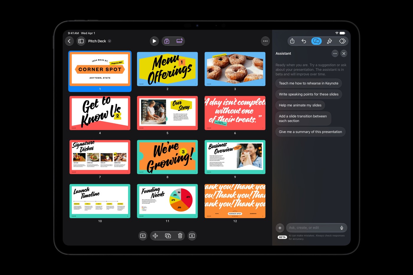 The intelligent assistant working on a slide deck in Keynote on iPad Pro.