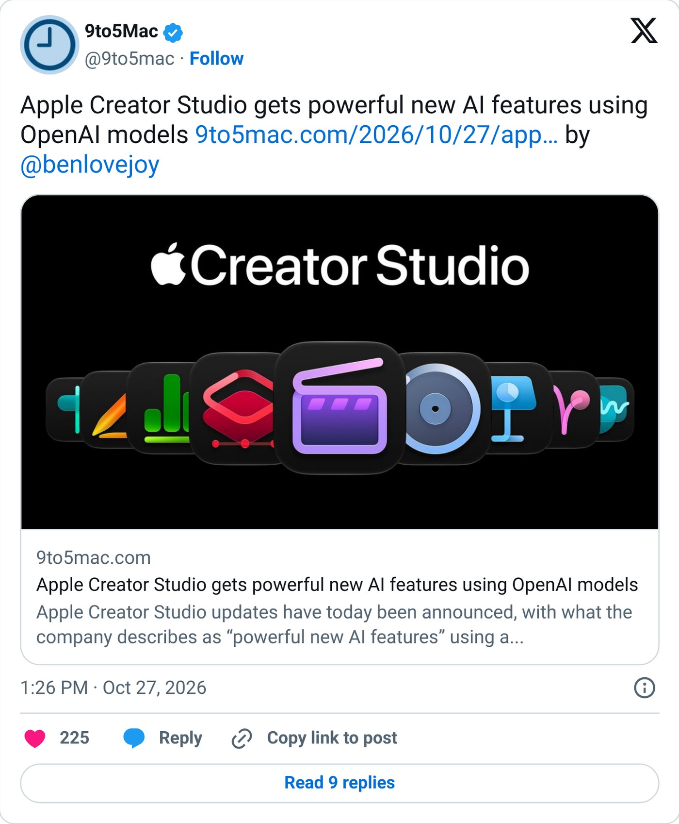 Screenshot: @9to5mac on X, Oct. 27, 2026
