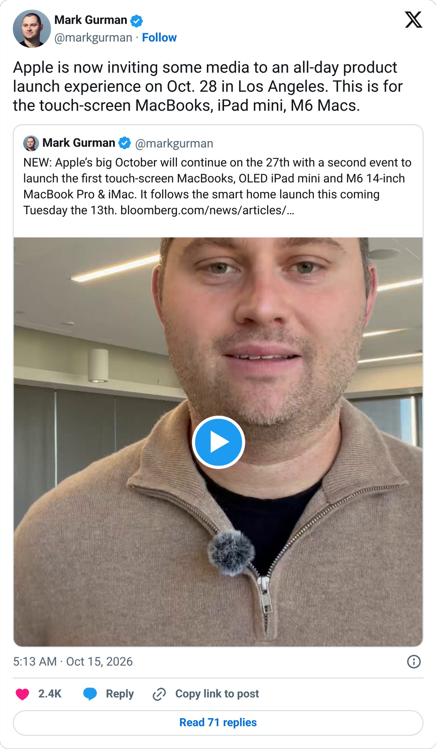 markgurman on X announcing Apple's Oct. 28 launch experience