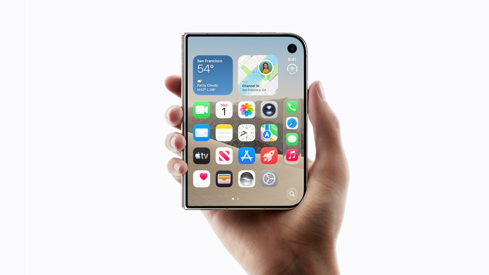 A hand holding the iPhone Duo closed, showing the outer Home Screen