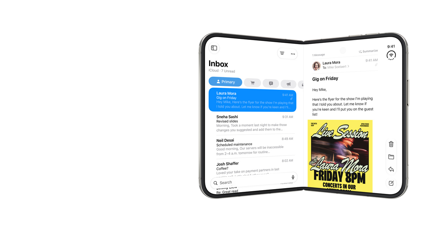 iPhone Duo unfolded with Mail split across the inner display