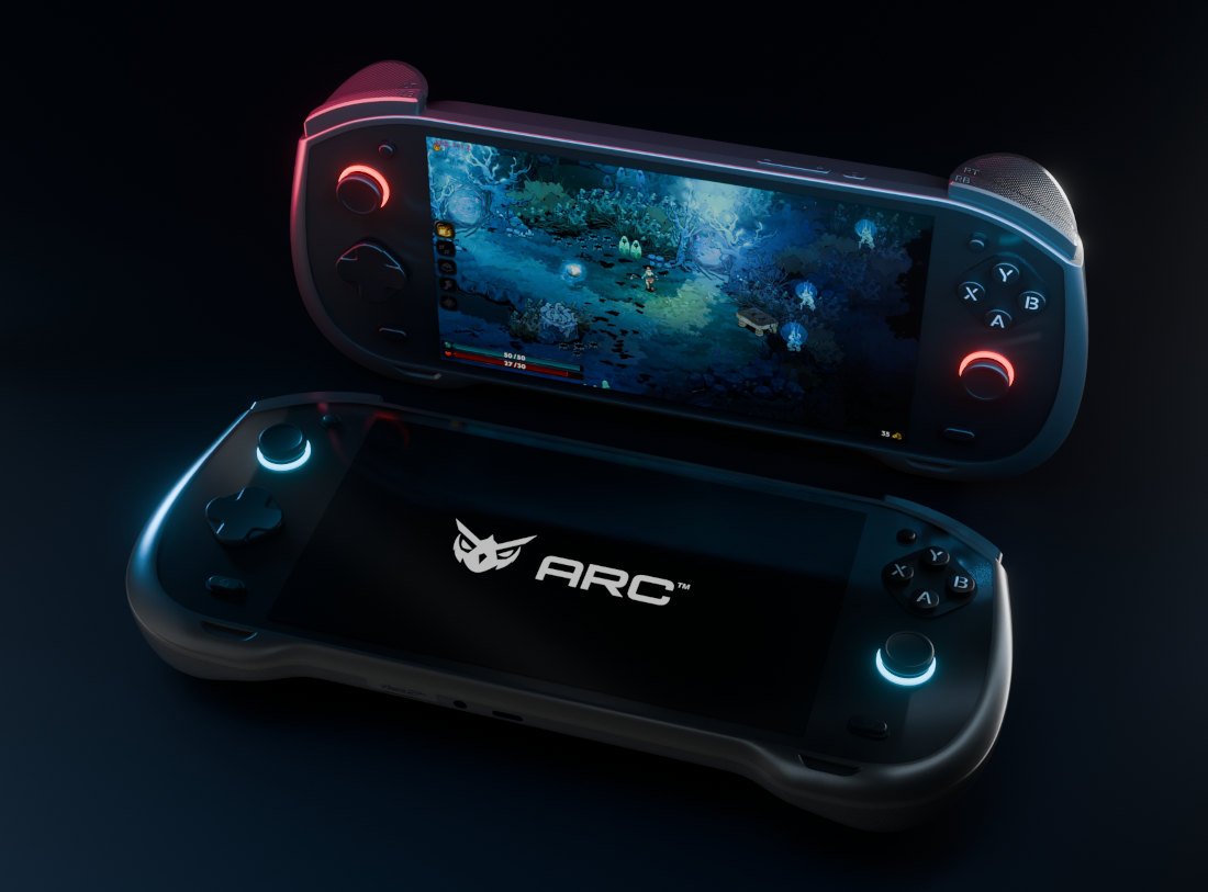 Two Arc X1 handhelds, one showing a game and one showing the ARC logo