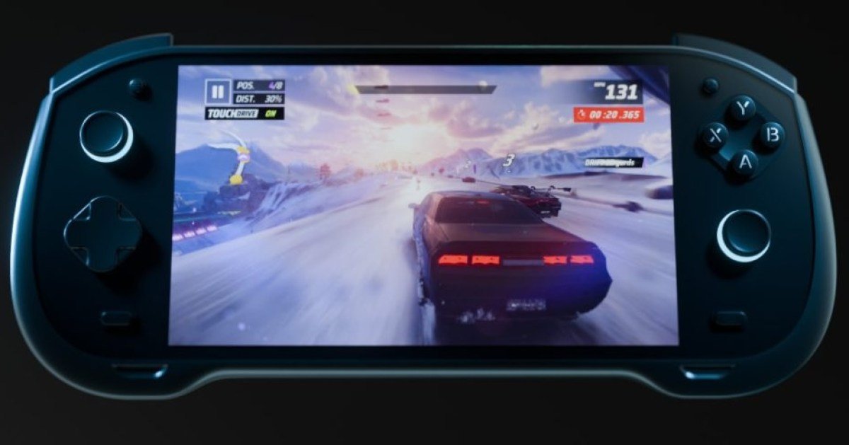 An Arc X1 running a racing game on a snow-covered mountain road