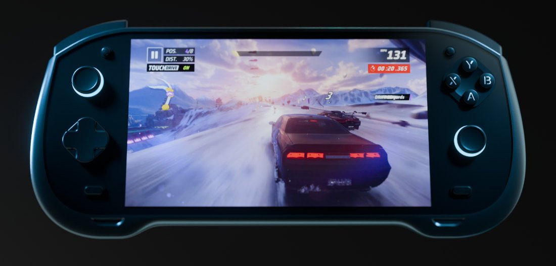 Wide view of the Arc X1 screen showing a racing title in landscape