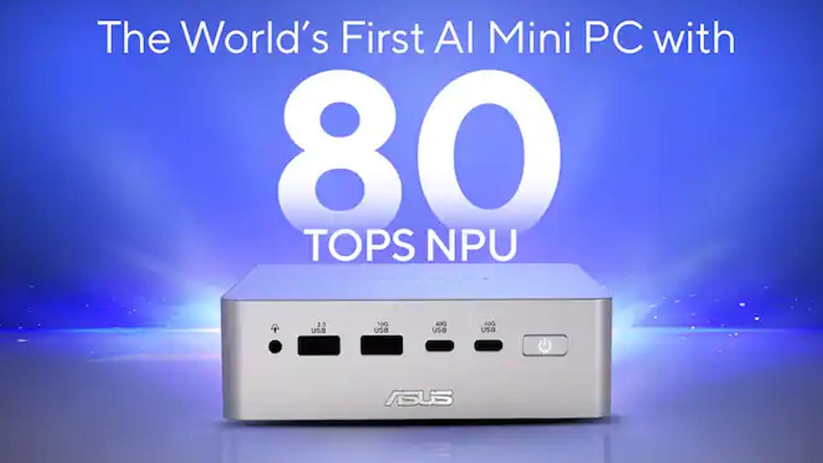Silver ASUS Ascent QN10 mini PC under a headline reading the world's first AI mini PC with 80 TOPS NPU