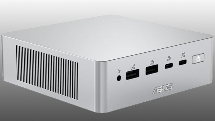 Angled product shot of the silver ASUS Ascent QN10 with side vents and front USB ports