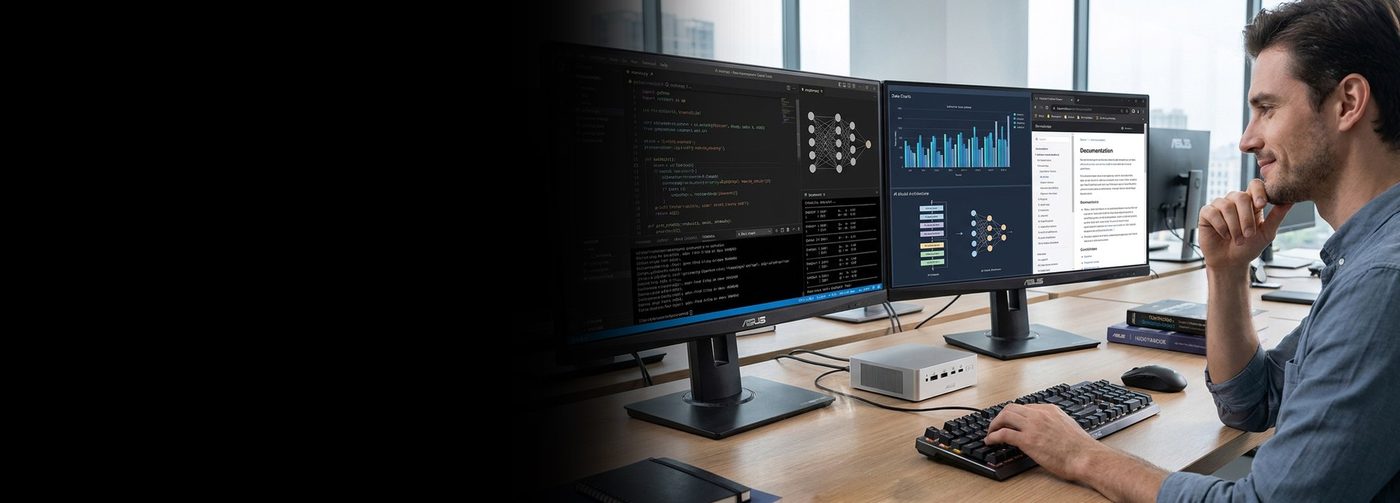 ASUS Ascent QN10 on a desk driving dual monitors for code and data work