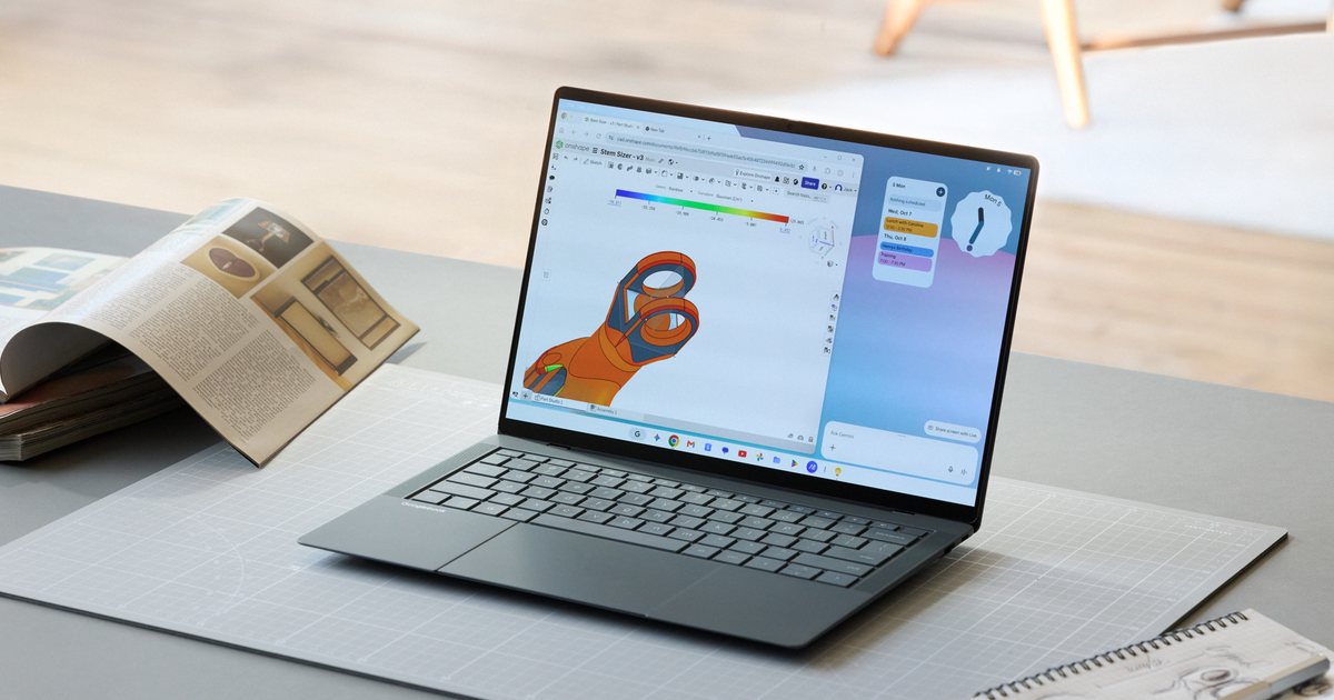 Open ASUS laptop showing a 3K OLED display with a design app