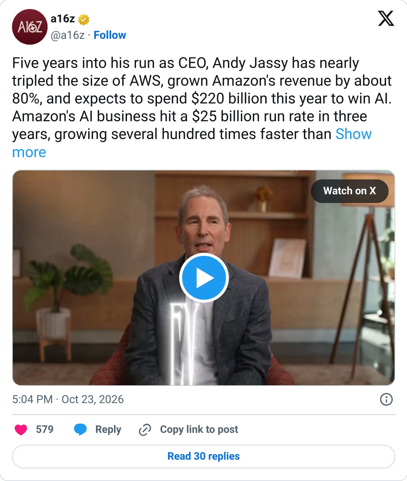Screenshot: @a16z on X, Oct. 23, 2026