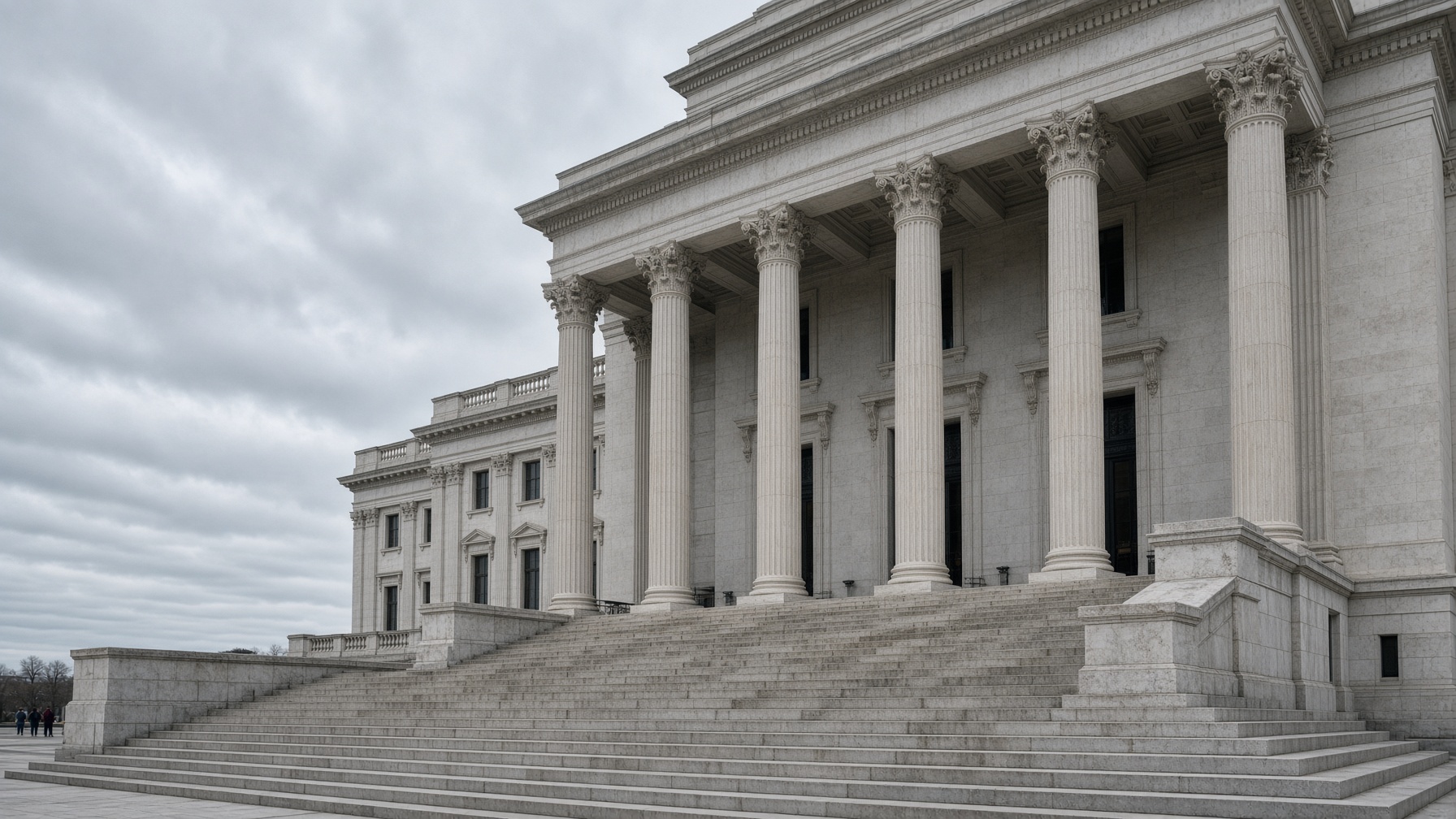 Granite steps and columns of a government building under overcast sky