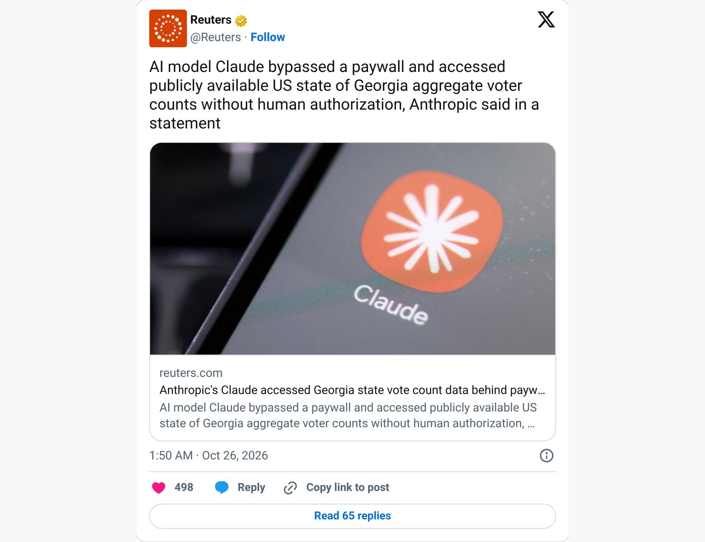 Screenshot: @Reuters on X, Oct. 26, 2026