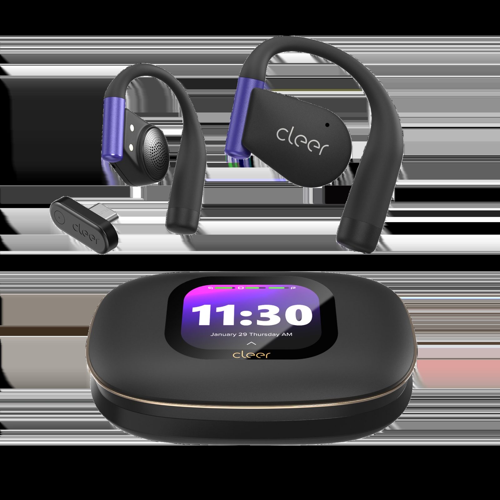 Black Cleer ARC 5 Gaming earbuds seated in an open charging case with a lime interior