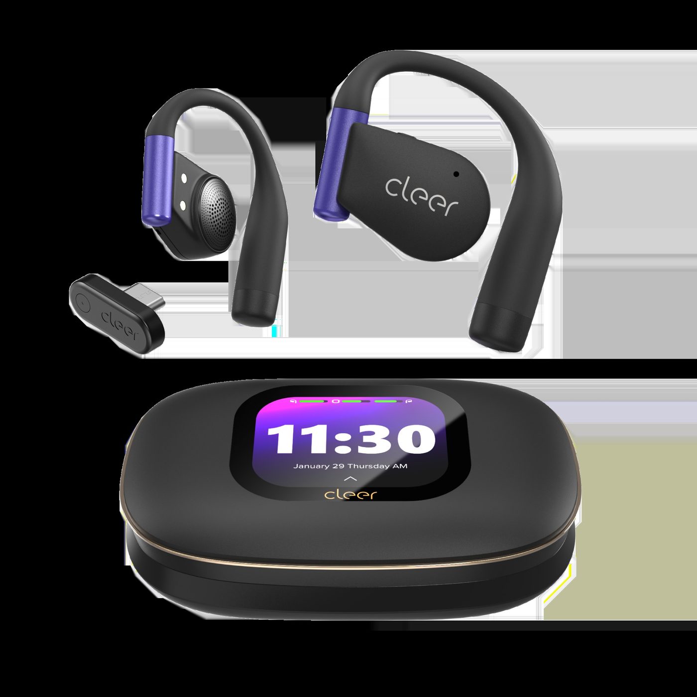 Black Cleer ARC 5 Gaming earbuds and charging case on a gray backdrop