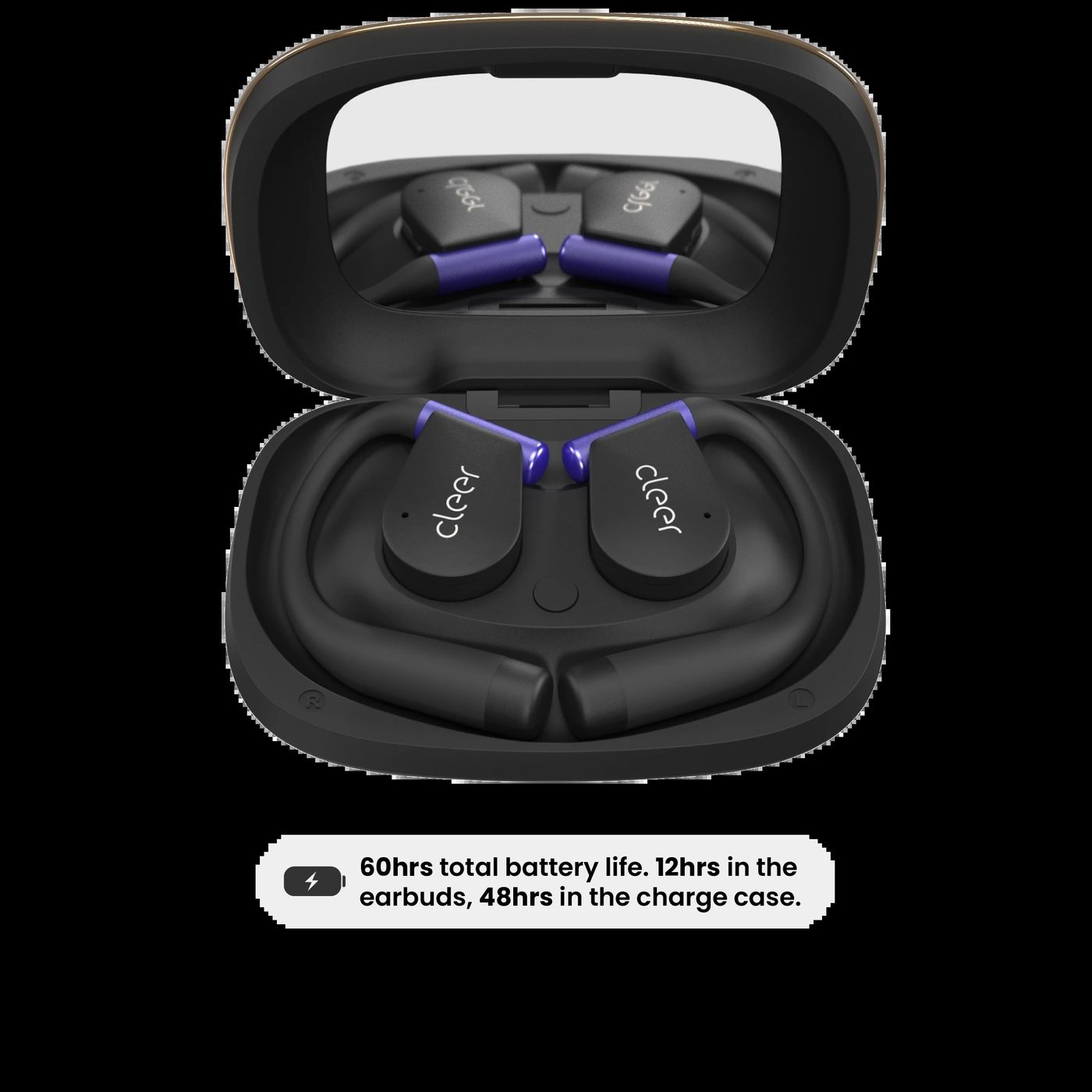 Close-up of a black Cleer ARC 5 Gaming earbud showing the hook frame and 16.2mm driver housing
