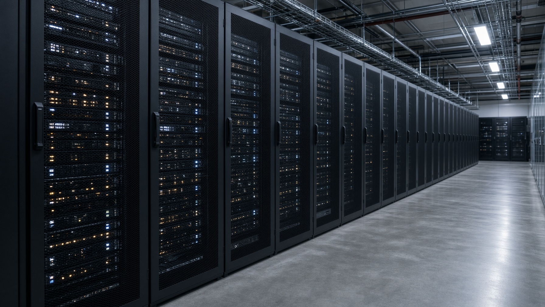Aisle of a modern data center with rows of server racks