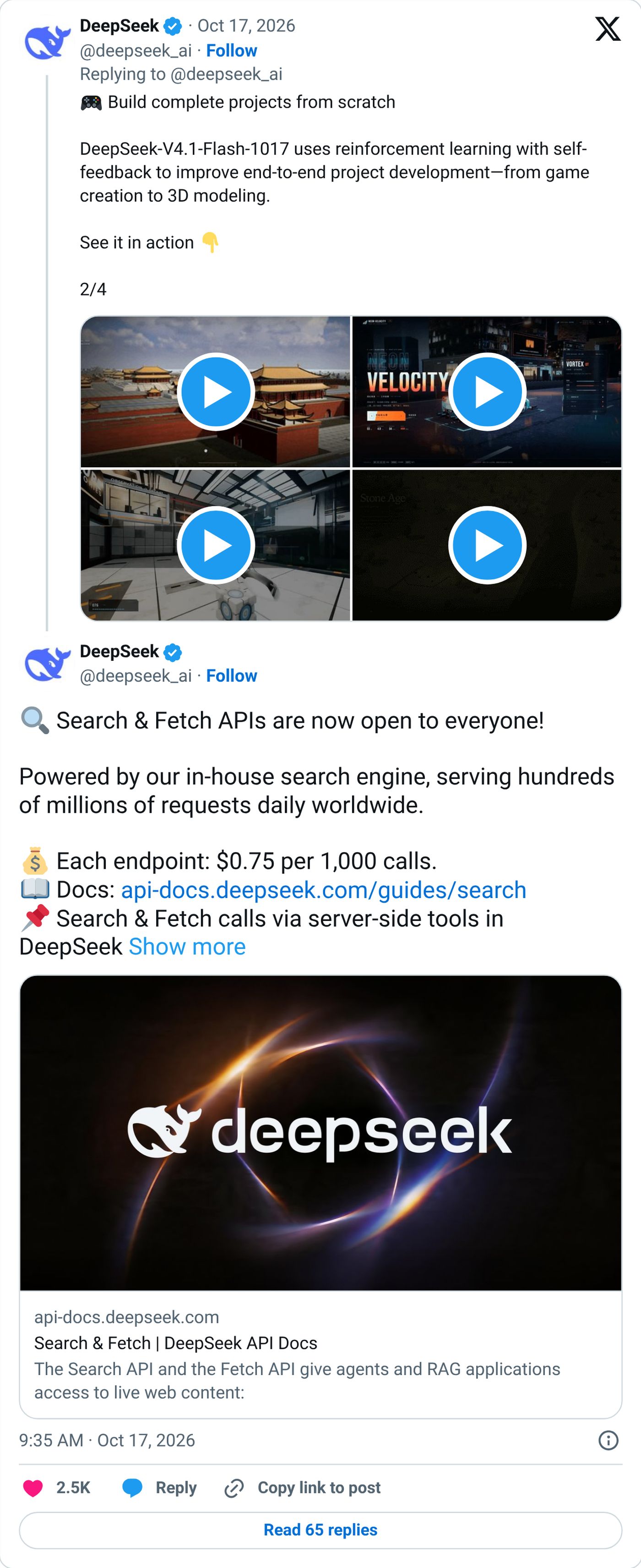 Screenshot: @deepseek_ai on X announcing open Search and Fetch APIs, Oct. 17, 2026