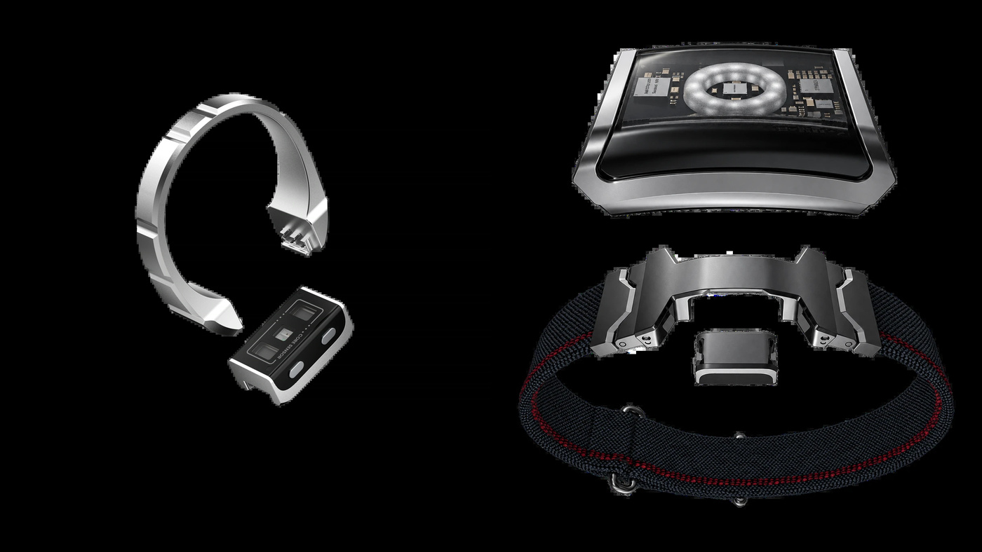 The Cube clicks into a ring (left) or into the wristband beneath the Halo module (right).
