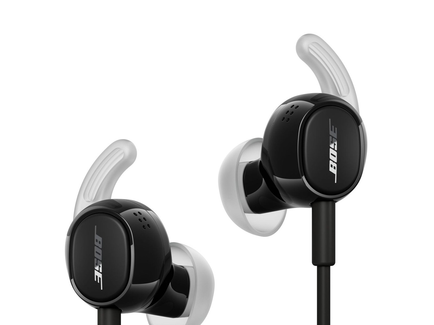 Black Bose Noise Cancelling Wired Earbuds product pair on studio white