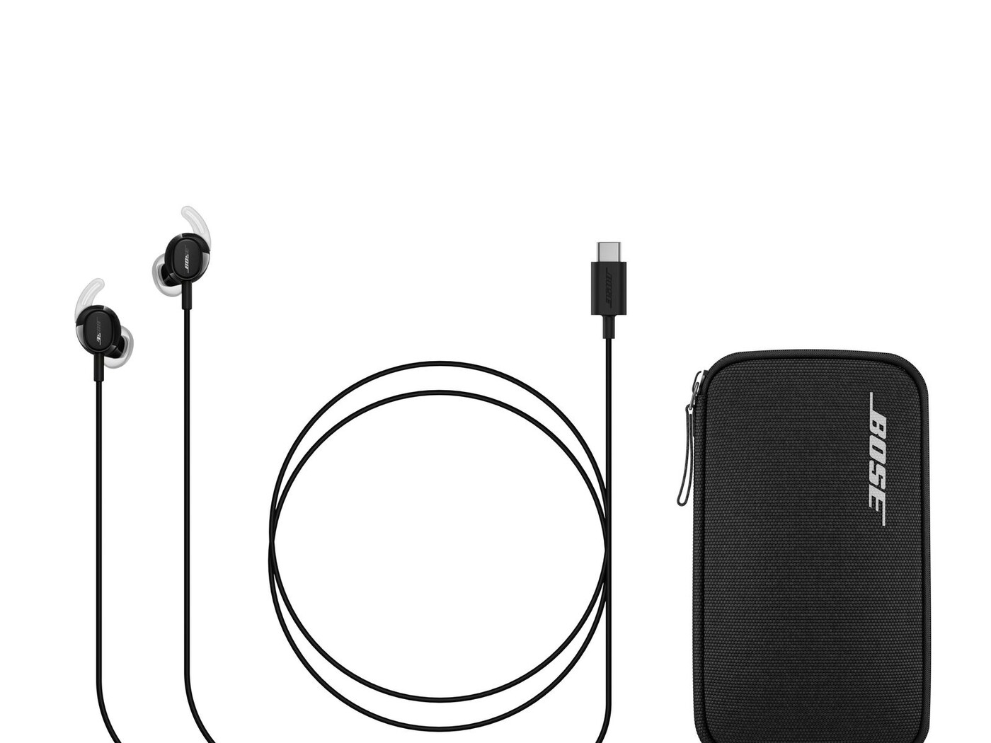 Flat lay of the black kit with USB-C plug, coiled 4.2-foot cable, and zippered carry case