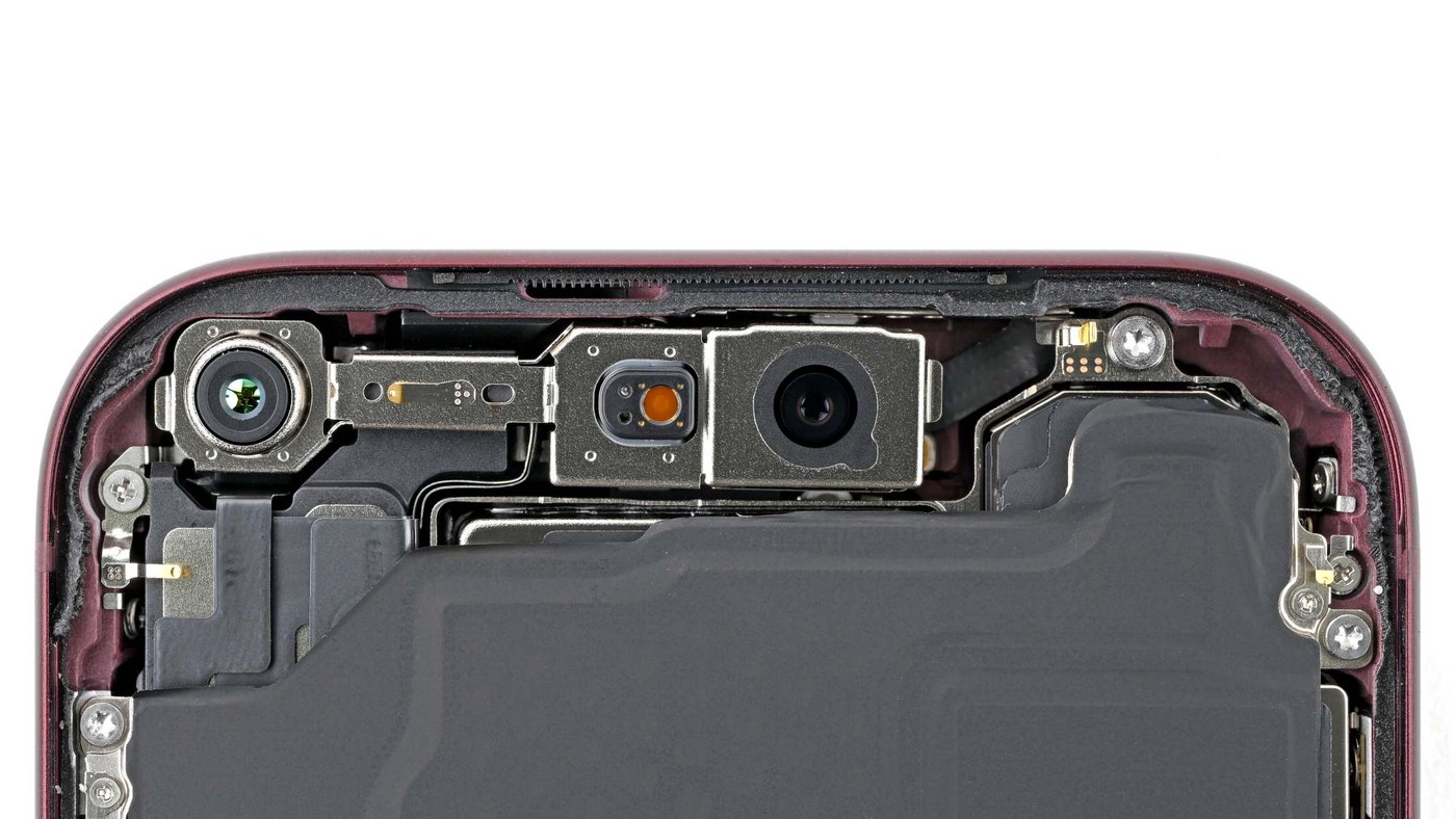 The front camera and sensor modules along the top edge of an opened iPhone 18 Pro