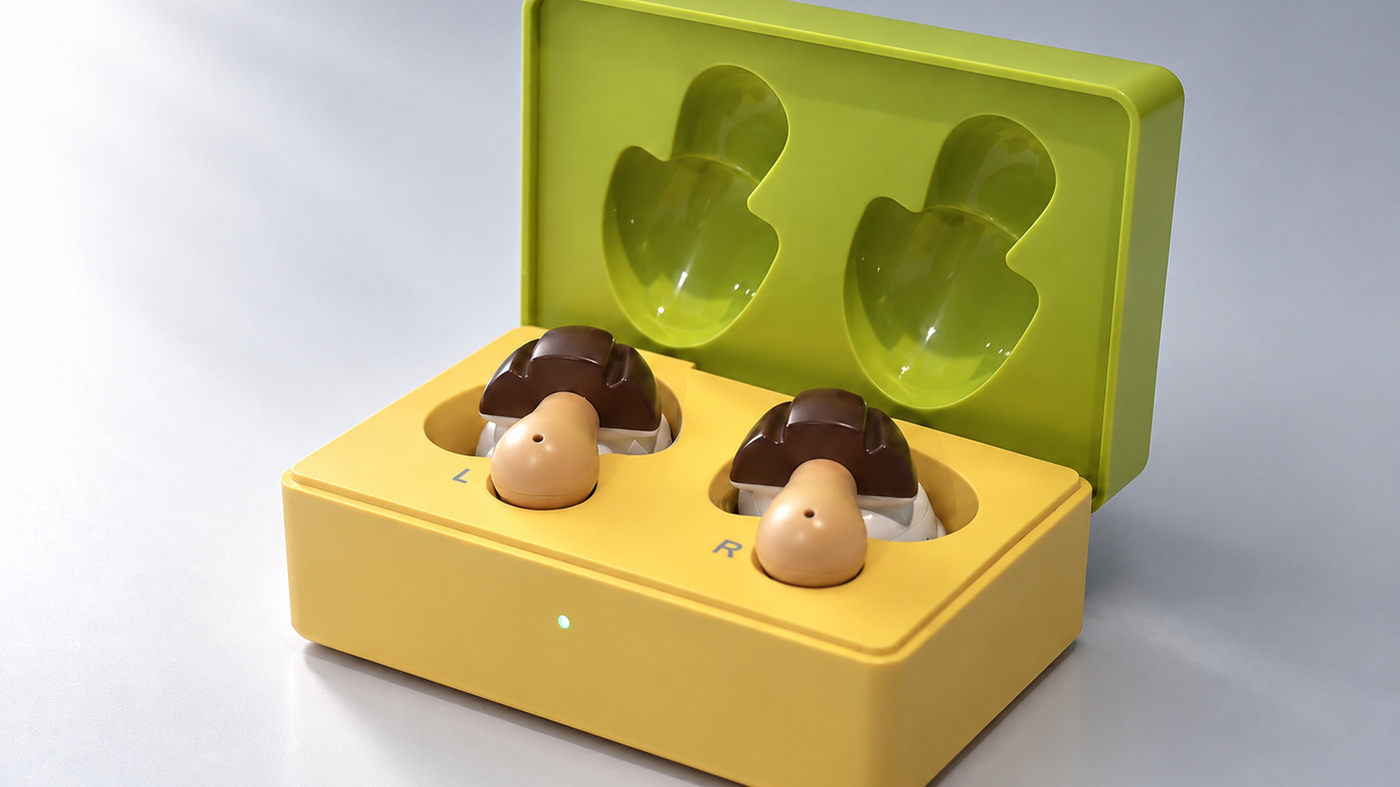 The Kinoko no Yama Wireless Earphone sits in a charging case modeled on the snack's own box