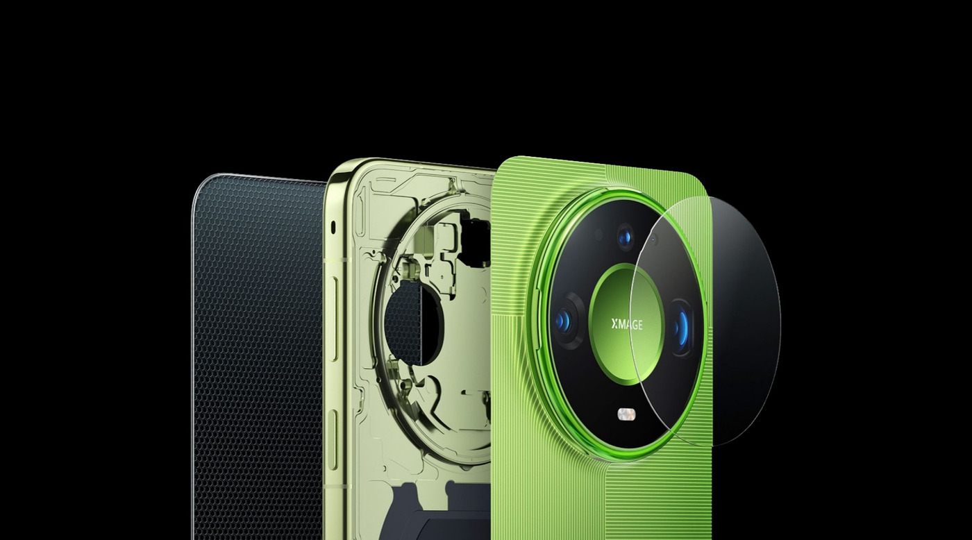 Exploded view of the green Huawei Mate 90 Pro Max, showing the back panel, midframe and camera ring