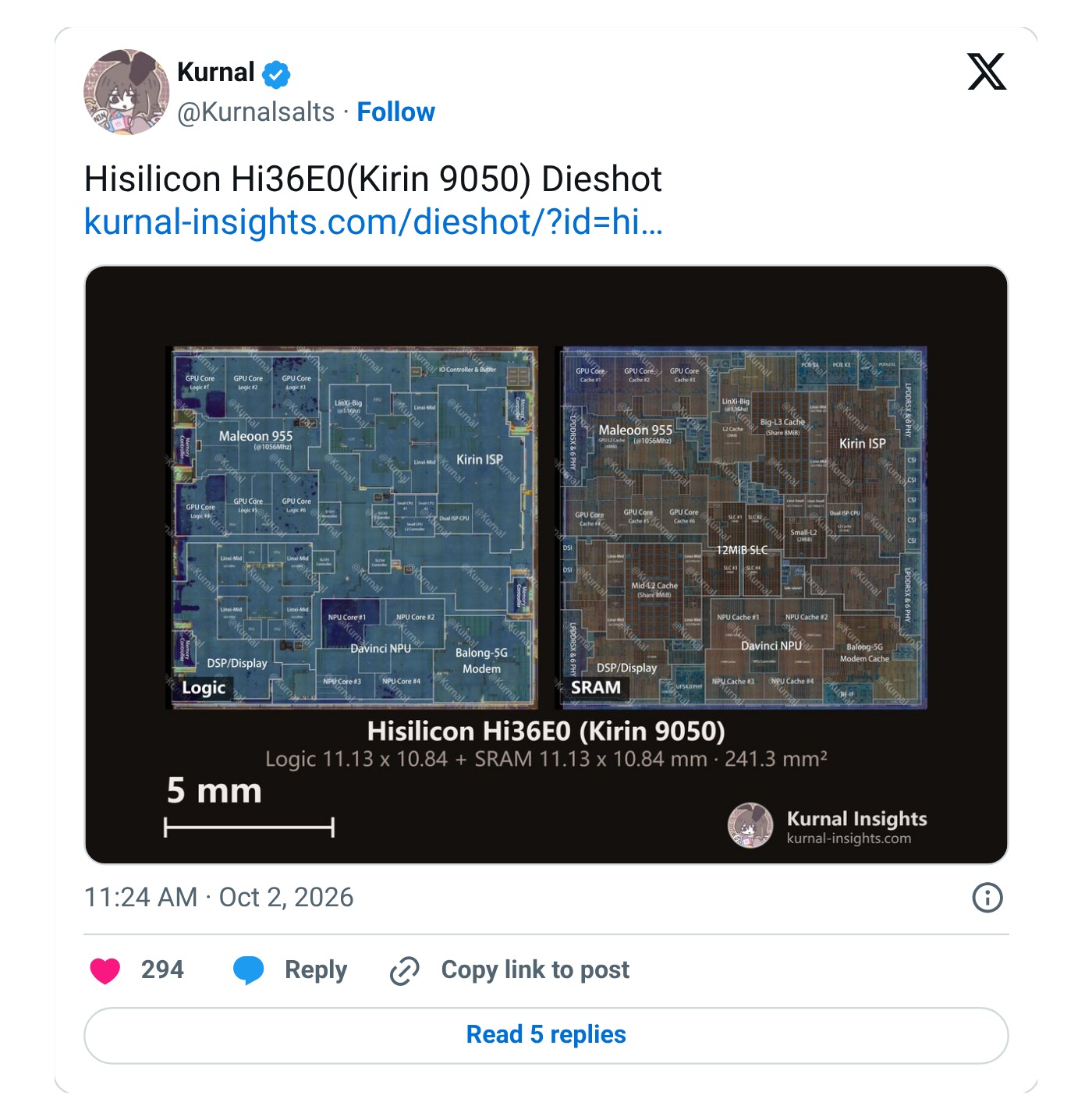 Screenshot: @Kurnalsalts on X. Kurnal Insights’ die shots of the Kirin 9050, with the logic die on the left and the SRAM die on the right
